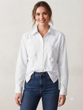 Vintage Mili Designs Embroidered Butterfly Rhinestone 3D floral Button Down L